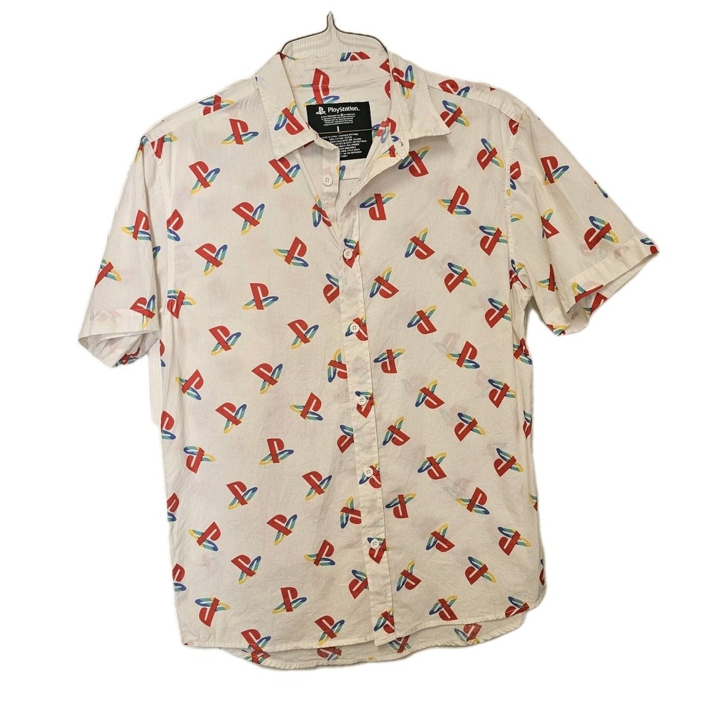 Retro 2018 PlayStation White Button Up Shirt Men's Large 100% Cotton PSP‎ EUC